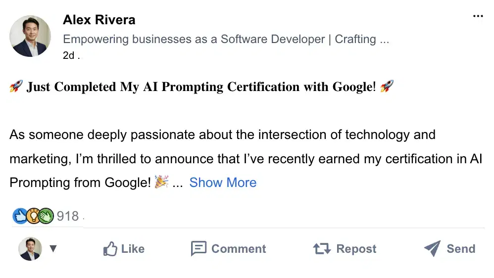 linkedin post example for certification