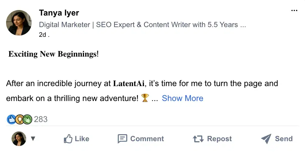 linkedin post example for new job