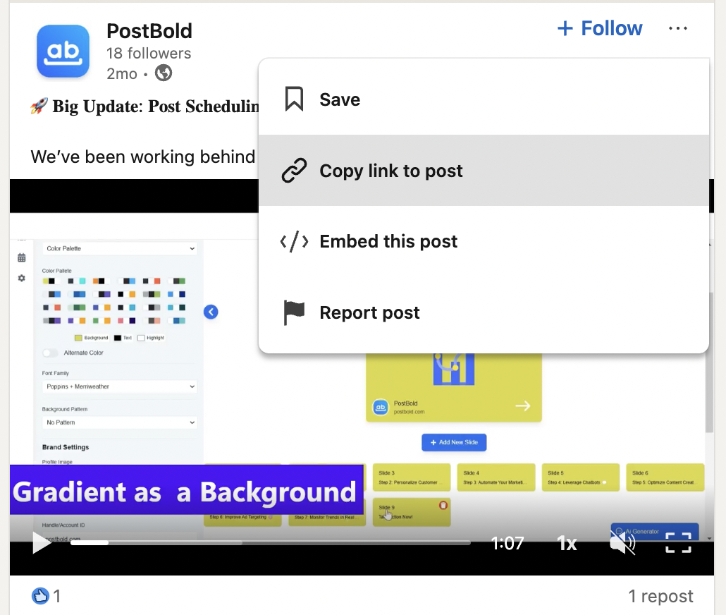 Copy the LinkedIn video URL to download using PostBold