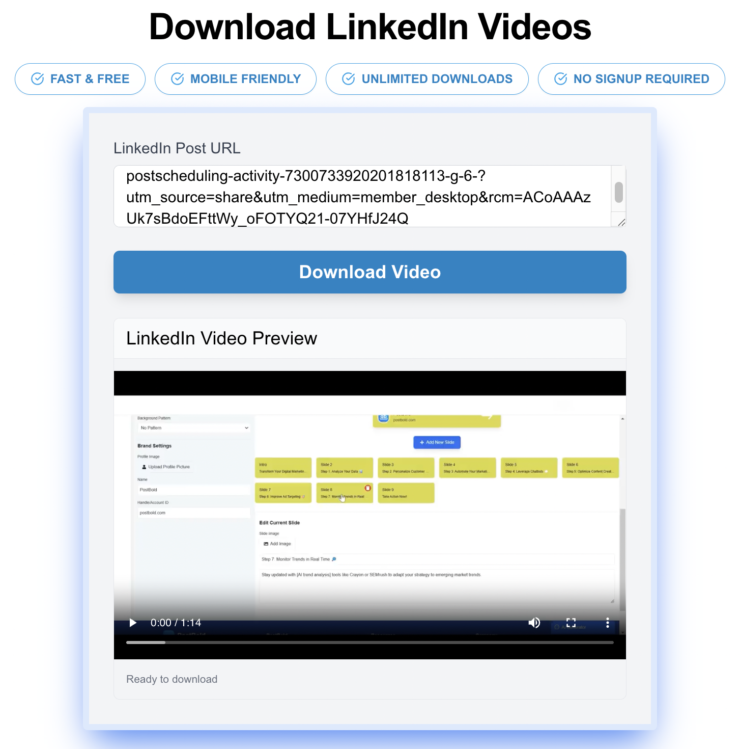 Paste LinkedIn video URL in PostBold LinkedIn Video Downloader