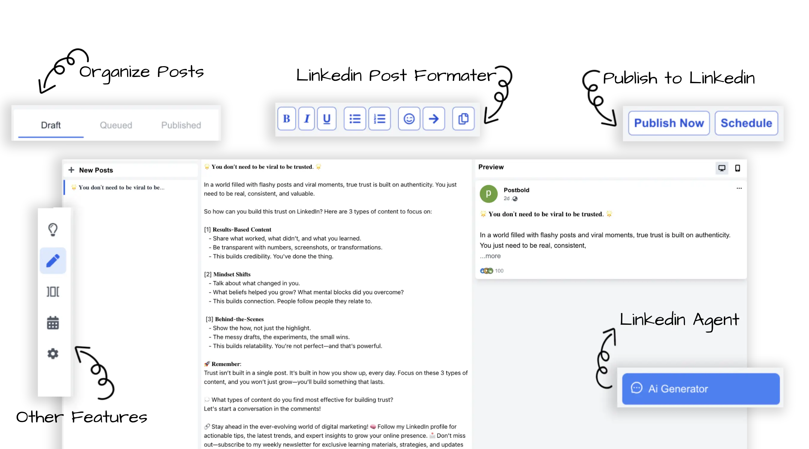 Illustration showing a user creating LinkedIn posts, carousels, and headlines using PostBold’s content tools
